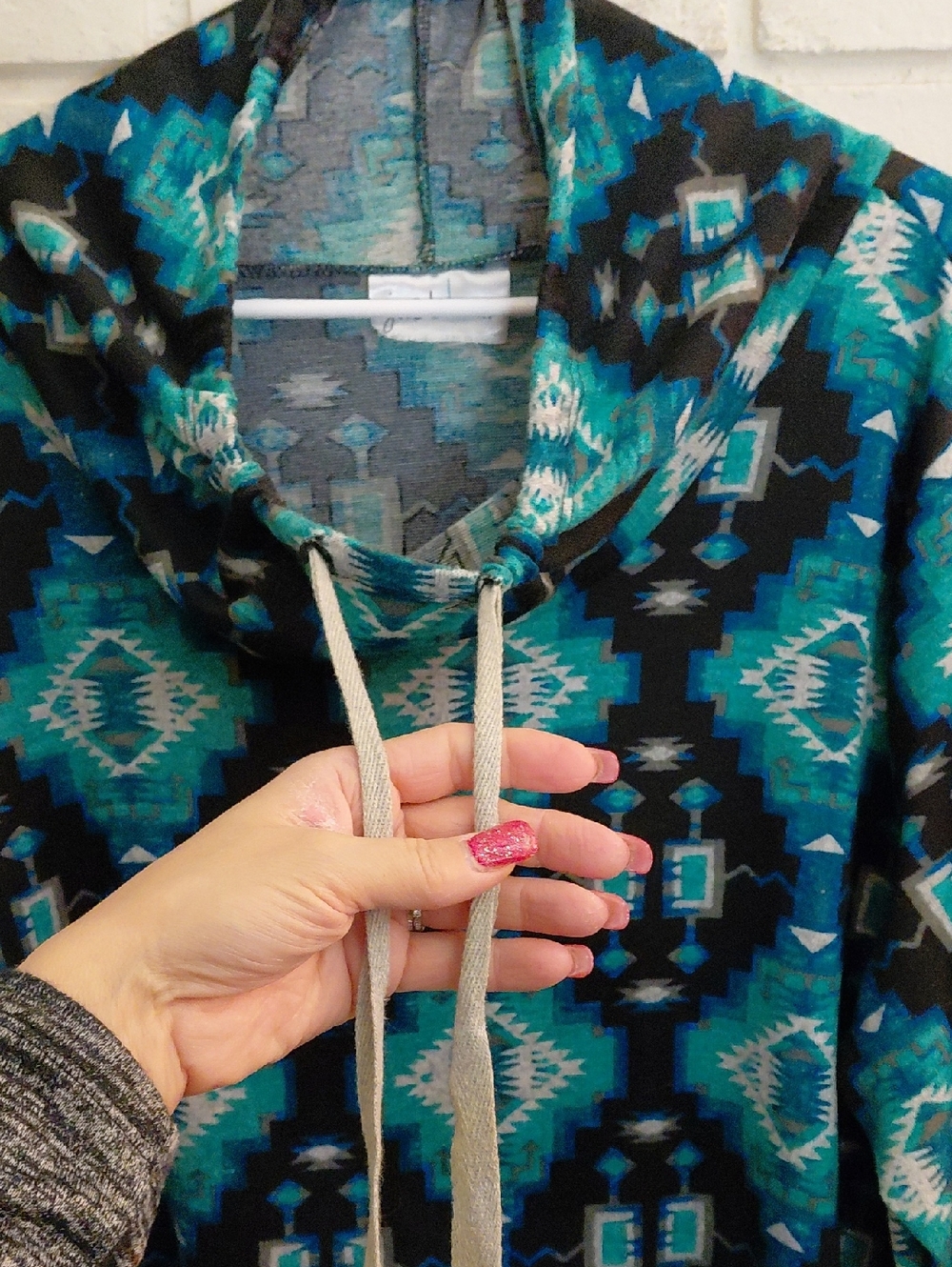 just be Teal, Black and Navy Geometric Kangaroo Pocket Pullover. See Measurement - Picture 5 of 8